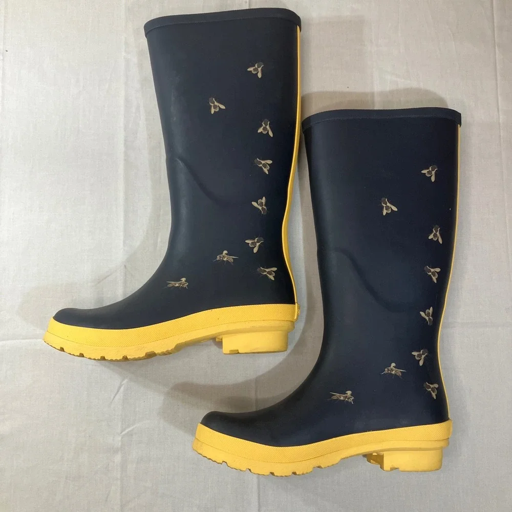 Serra Womens Navy Blue Yellow Bumble Bee Tall Rain Boots Size 7 Item 54115